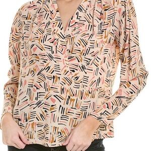 CABi Marni Blouse Abstract Brush Print ivory, navy, mustard, & coral. NWOT #046